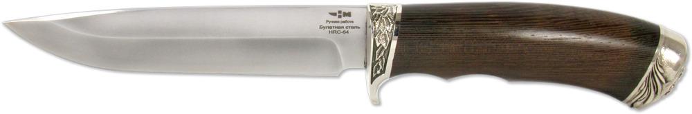 КЛЁН (2308)б Нож нескладной булат венге упор и тыльник худ. литьё мельхиор