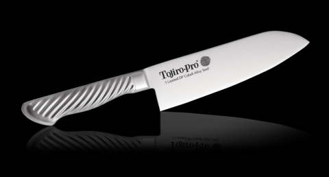 Кухонный Нож Сантоку TOJIRO PRO (F-895), длина лезвия 170 мм, сталь VG10, 3 слоя, рукоять сталь, заточка #8000